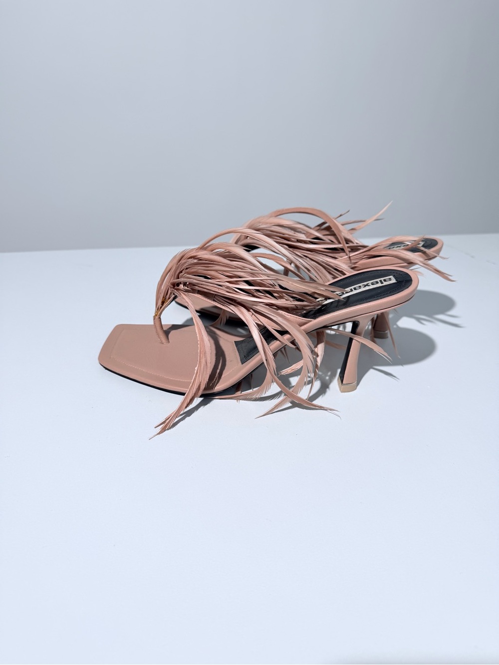 Alexander Wang Ivy Feather Sandal Nude Pink Square-Toe Mules Heels Size 39